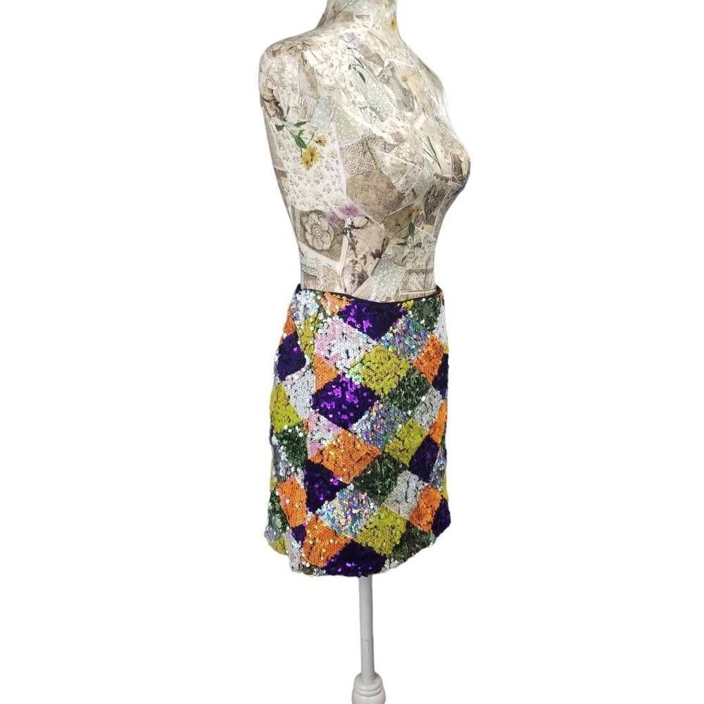 Multi Color Sequin Diamond Pattern Stretch Mini Skirt - Picture 5 of 10